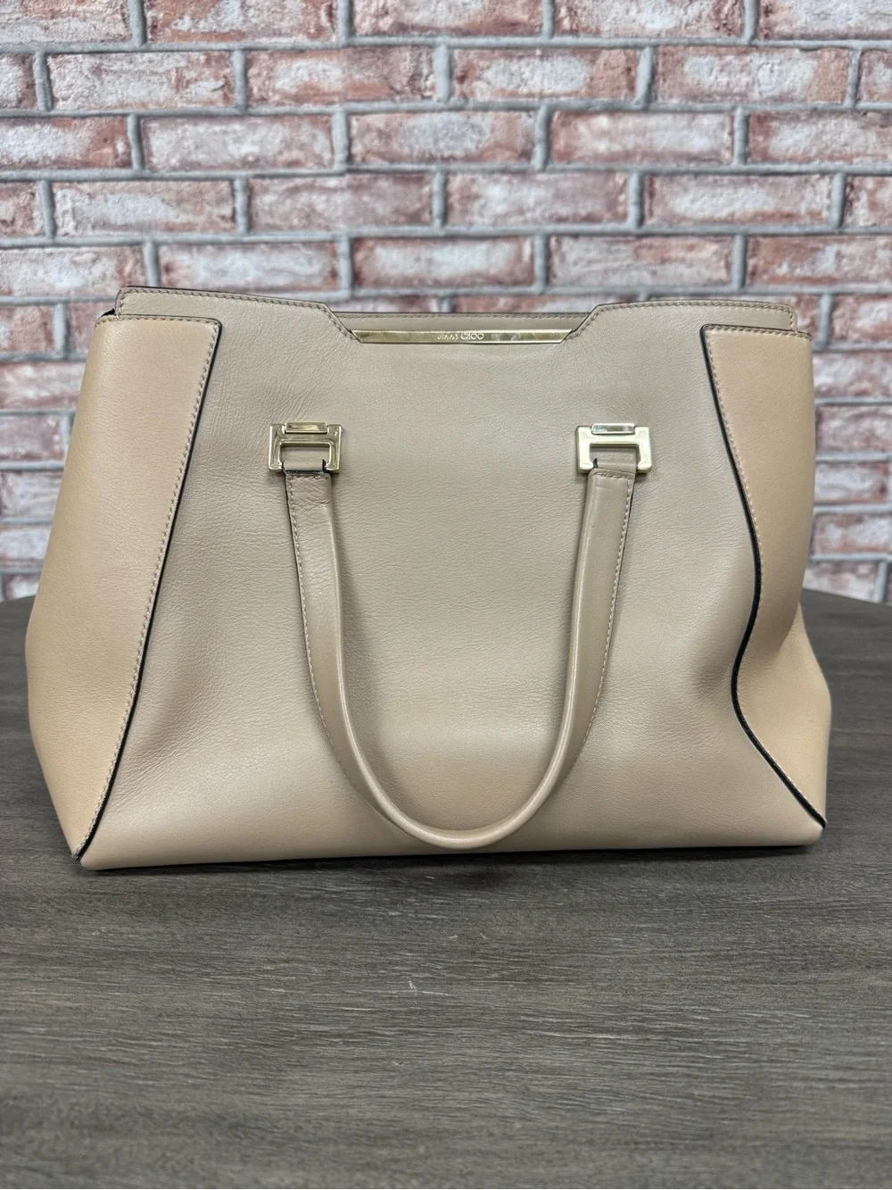 Jimmy Choo Beige Leather Tote with Gold Hardware- The Alfie